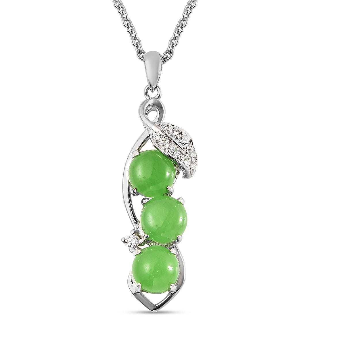 Green Jade and Simulated Diamond Pendant with Chain (Size 18) in Rhodium Overlay Sterling Silver 3.57 Ct. 3835854 0