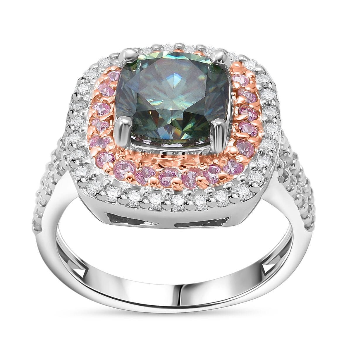 First Time Ever Vibrant Green Moissanite and Pink Sapphire Ring in Rhodium Sterling Silver - 3.25ct 7826812 0
