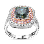 Vibrant Green Moissanite and Pink Sapphire Ring in Rhodium Overlay Sterling Silver - 3.25ct