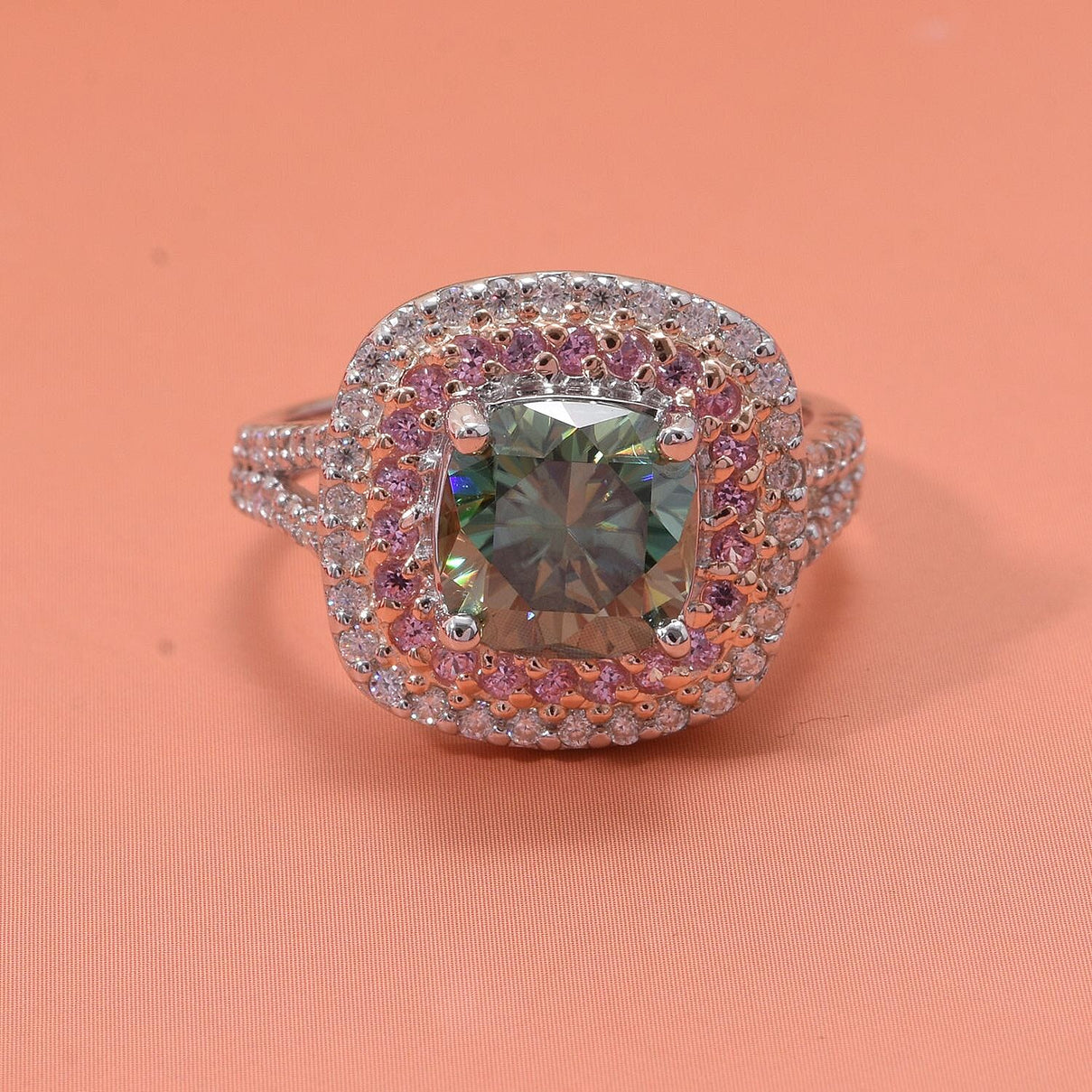 First Time Ever Vibrant Green Moissanite and Pink Sapphire Ring in Rhodium Sterling Silver - 3.25ct 7826812 1