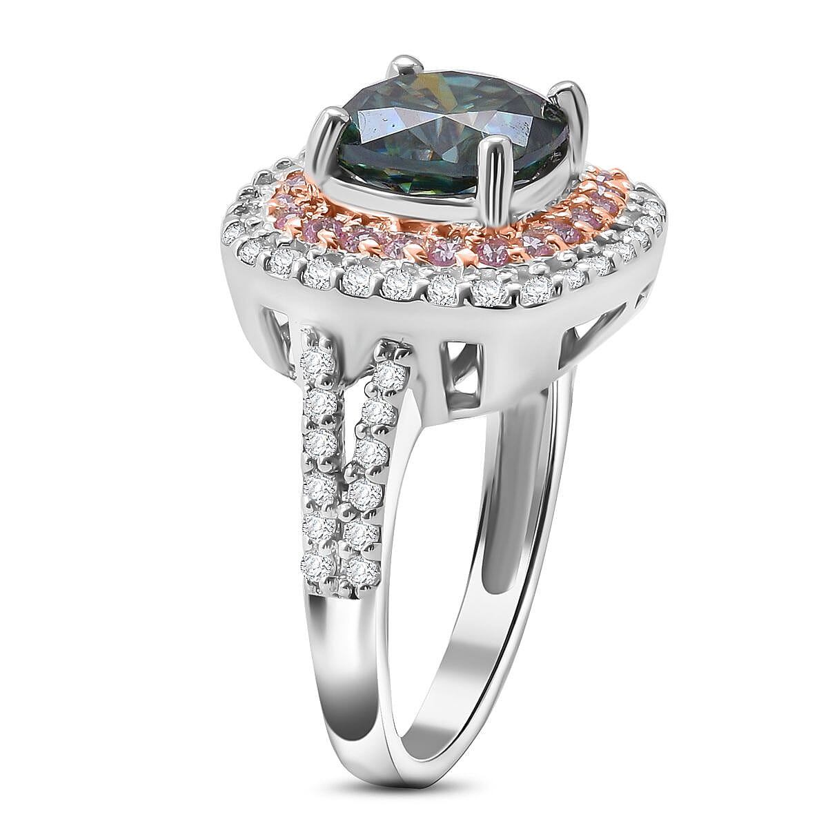 First Time Ever Vibrant Green Moissanite and Pink Sapphire Ring in Rhodium Sterling Silver - 3.25ct 7826812 3