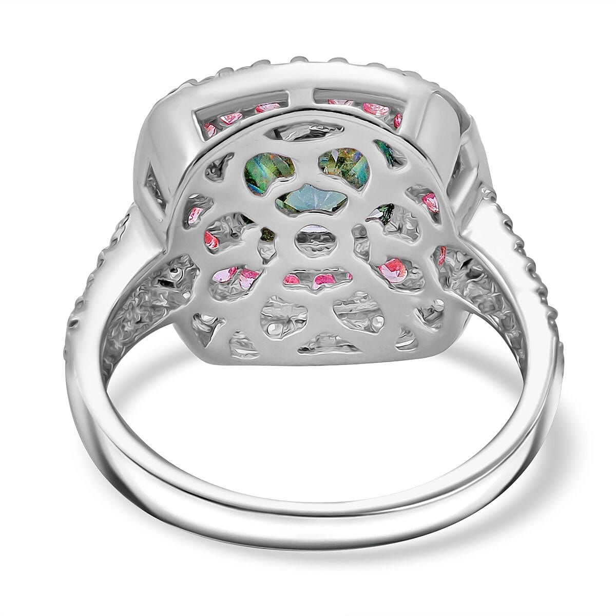 First Time Ever Vibrant Green Moissanite and Pink Sapphire Ring in Rhodium Sterling Silver - 3.25ct 7826812 4