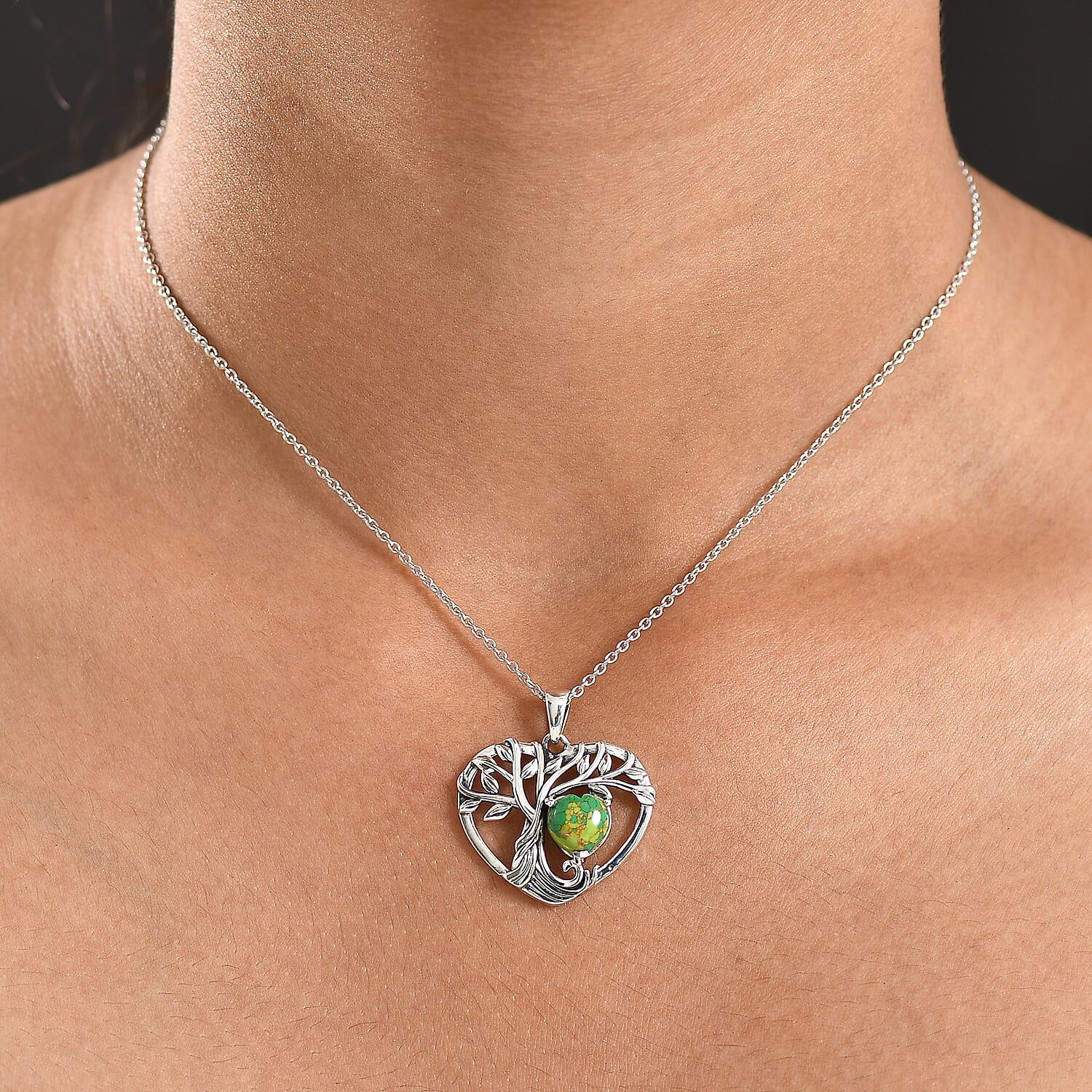 D'Joy Green Mojave Turquoise Tree of Life Heart Pendant with Cable Chain (Size 20) in Black Oxidised Sterling Silver 1.79 Ct. 4425799 3
