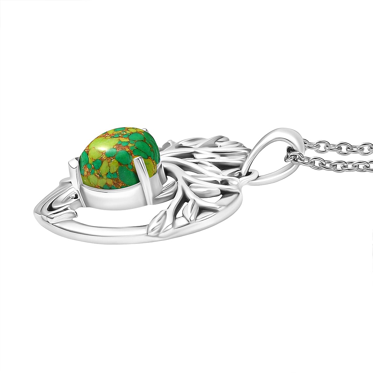 D'Joy Green Mojave Turquoise Tree of Life Heart Pendant with Cable Chain (Size 20) in Black Oxidised Sterling Silver 1.79 Ct. 4425799 4