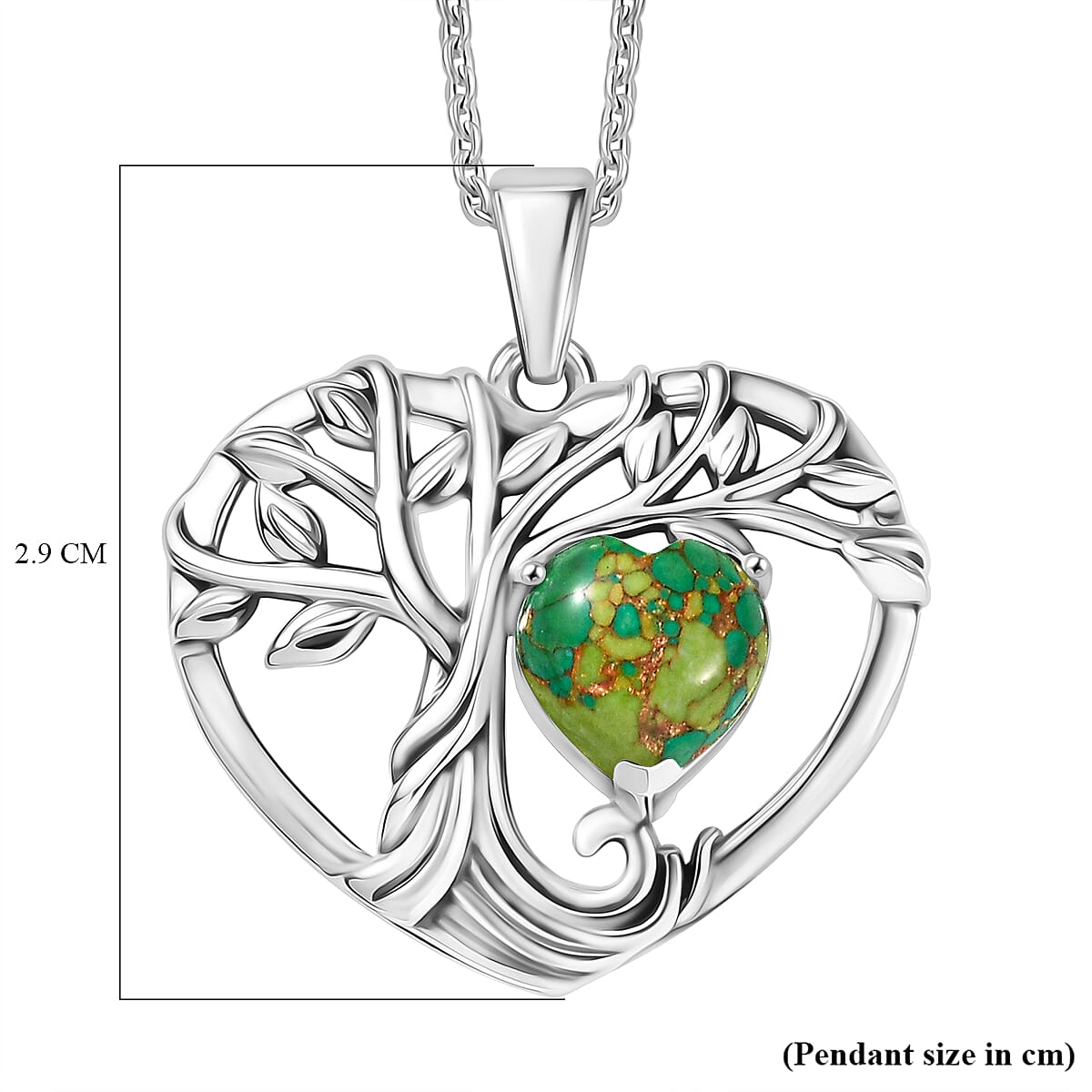 D'Joy Green Mojave Turquoise Tree of Life Heart Pendant with Cable Chain (Size 20) in Black Oxidised Sterling Silver 1.79 Ct. 4425799 7