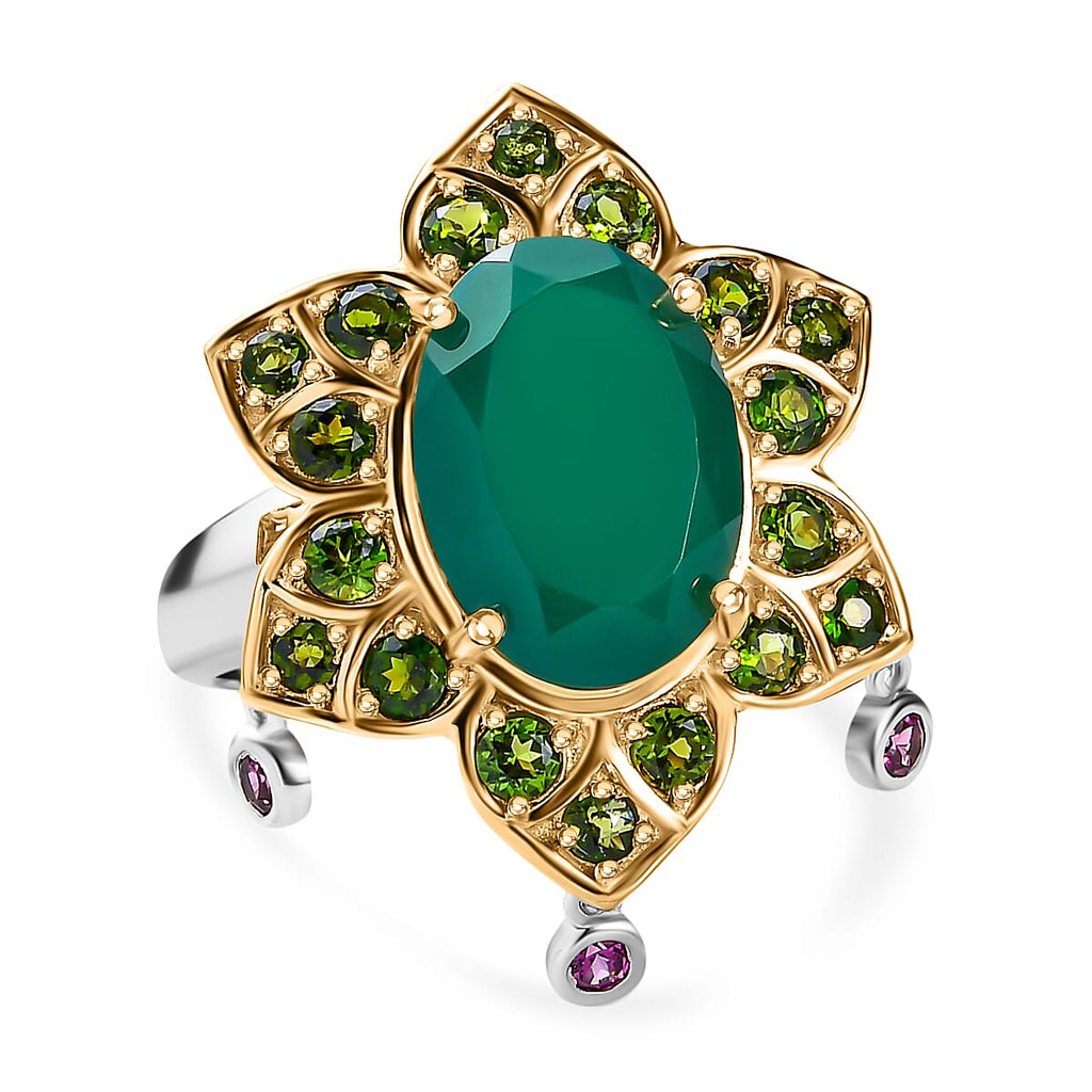 GP- Leaf Collection - Green Onyx, Rhodolite Garnet and Natural Chrome Diopside Ring in 18K Yellow Gold Vermeil Plated Sterling Silver 6.85 Ct