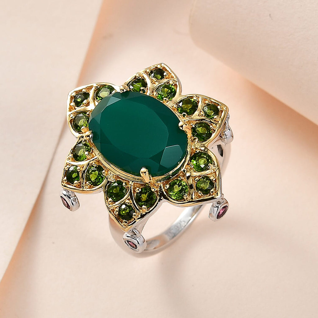 GP- Leaf Collection - Green Onyx, Rhodolite Garnet and Natural Chrome Diopside Ring in 18K Yellow Gold Vermeil Plated Sterling Silver 6.85 Ct