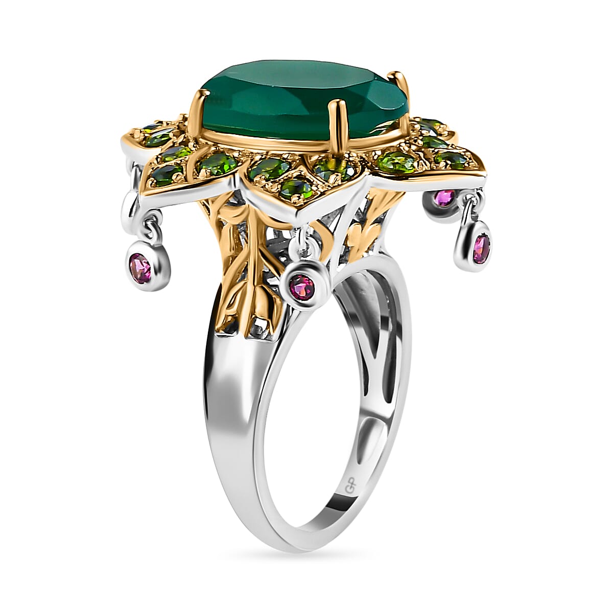 GP- Leaf Collection - Green Onyx, Rhodolite Garnet and Natural Chrome Diopside Ring in 18K Yellow Gold Vermeil Plated Sterling Silver 6.85 Ct 7576494 3