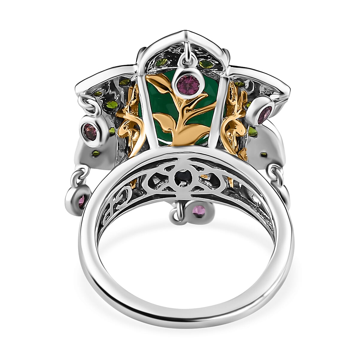 GP- Leaf Collection - Green Onyx, Rhodolite Garnet and Natural Chrome Diopside Ring in 18K Yellow Gold Vermeil Plated Sterling Silver 6.85 Ct 7576494 4