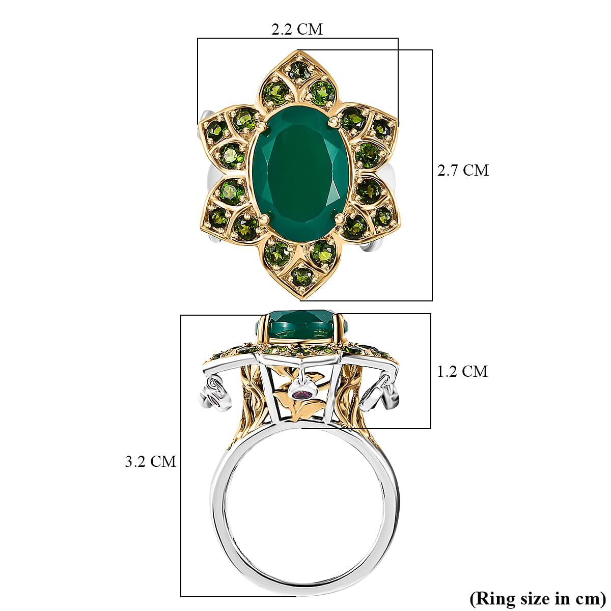 GP- Leaf Collection - Green Onyx, Rhodolite Garnet and Natural Chrome Diopside Ring in 18K Yellow Gold Vermeil Plated Sterling Silver 6.85 Ct 7576494 5