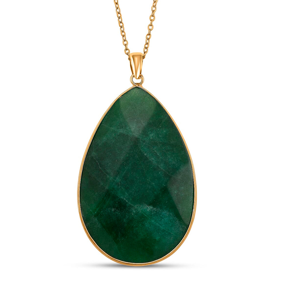 Green Quartzite Pear Solitaire Pendant with Chain (Size 20-2 Ext) in Yellow Gold Tone 40.00 Ct.