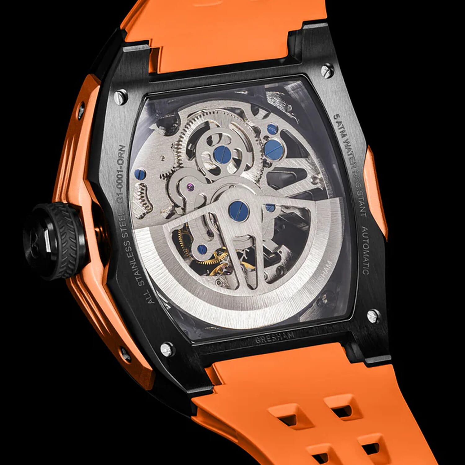 Gresham GI Special Edition Automatic Movt. 5ATM WR Skeleton Dial Mens Watch - Black - Orange 8032864 3