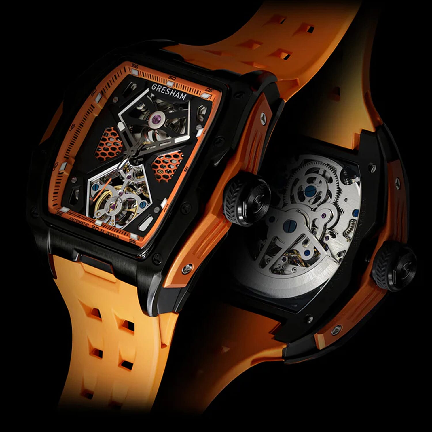 Gresham GI Special Edition Automatic Movt. 5ATM WR Skeleton Dial Mens Watch - Black - Orange 8032864 4