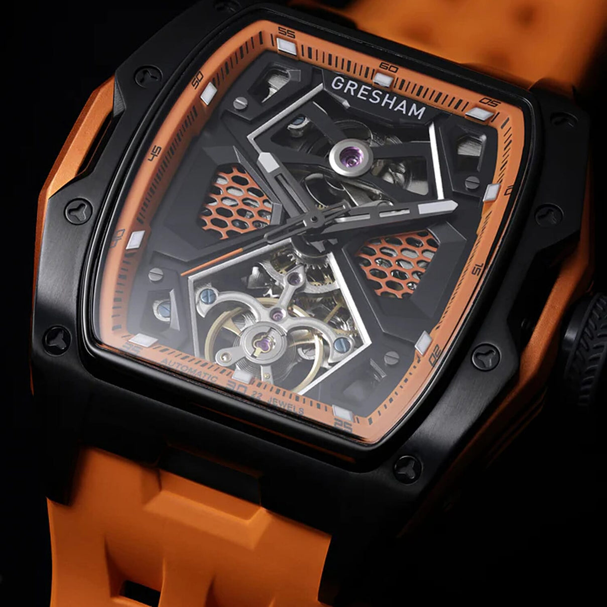 Gresham GI Special Edition Automatic Movt. 5ATM WR Skeleton Dial Mens Watch - Black - Orange 8032864 5