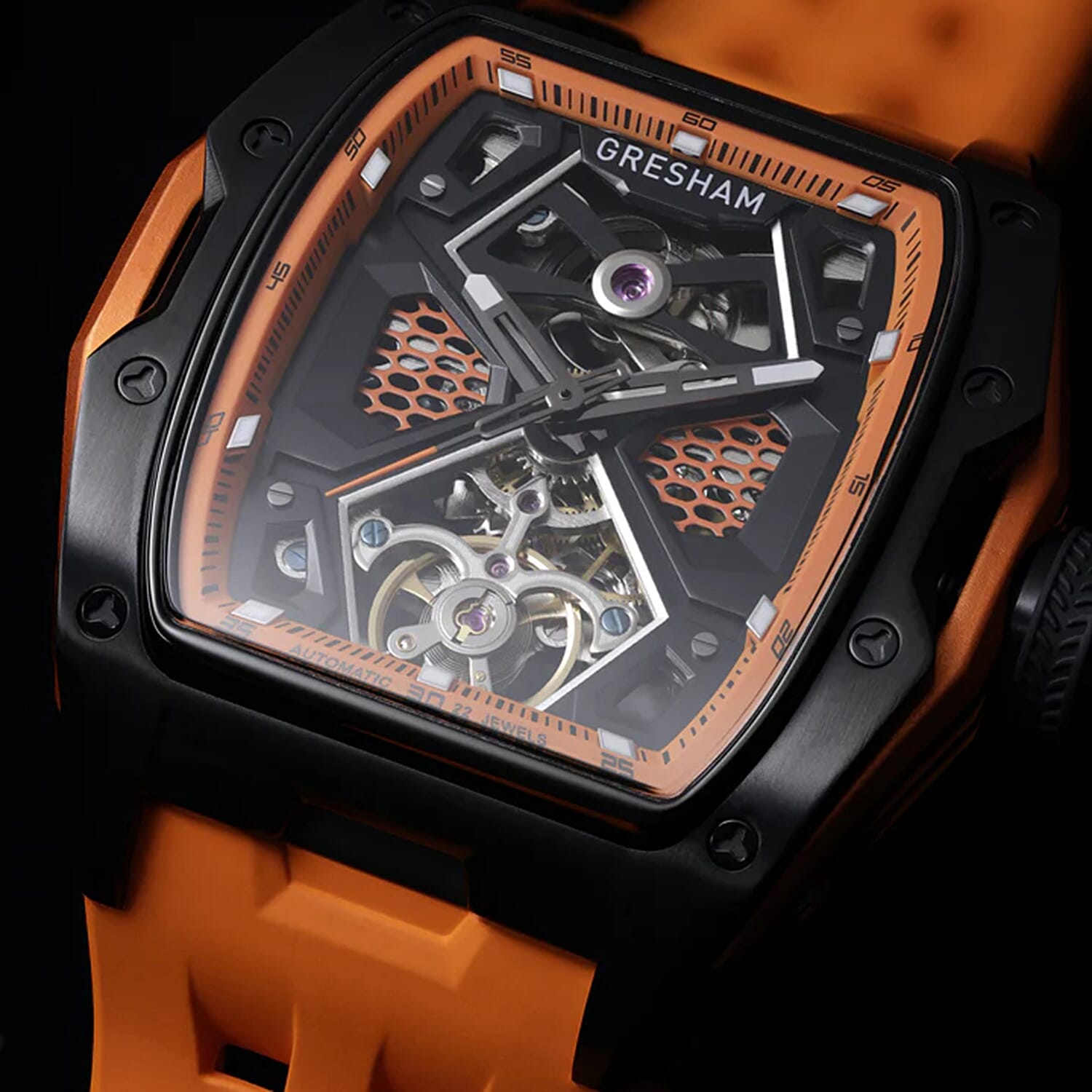 Gresham GI Special Edition Automatic Movt. 5ATM WR Skeleton Dial Mens Watch - Black - Orange 8032864 5