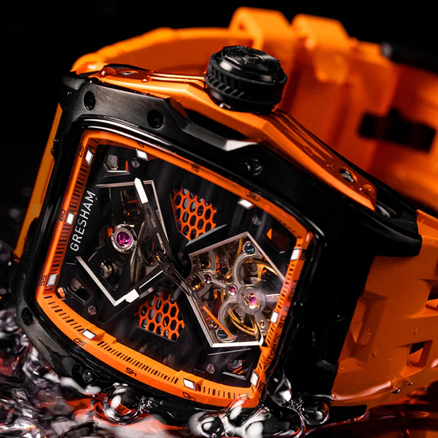 Gresham GI Special Edition Automatic Movt. 5ATM WR Skeleton Dial Mens Watch - Black - Orange 8032864 6