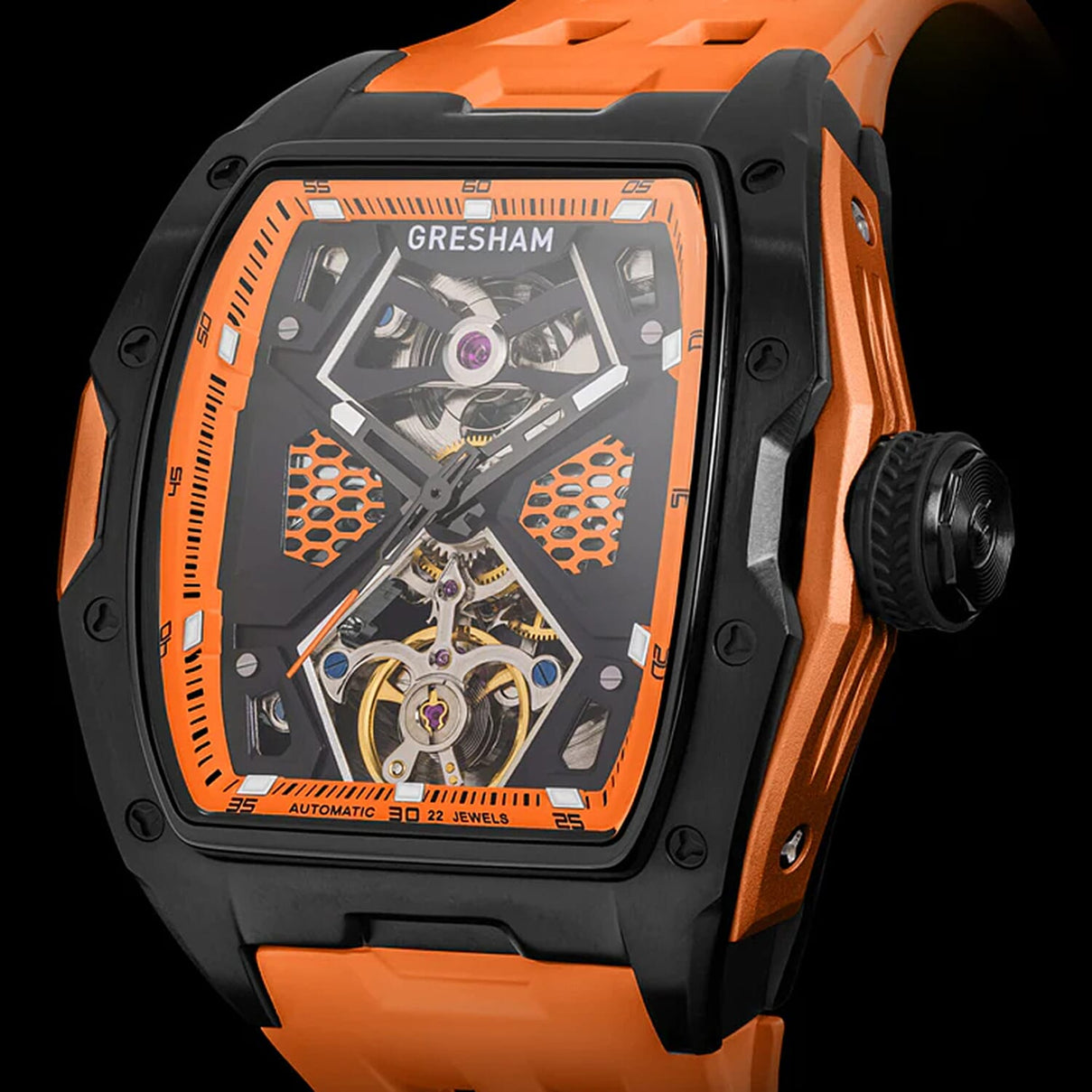 Gresham GI Special Edition Automatic Movt. 5ATM WR Skeleton Dial Mens Watch - Black - Orange 8032864 9