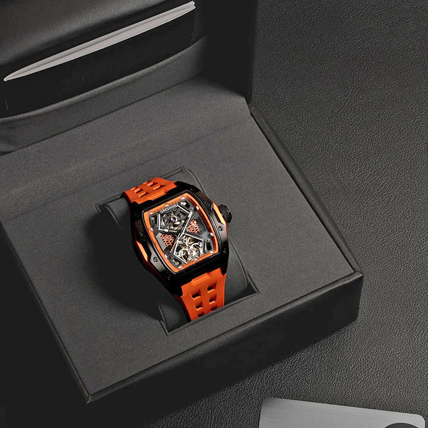 Gresham GI Special Edition Automatic Movt. 5ATM WR Skeleton Dial Mens Watch - Black - Orange 8032864 15