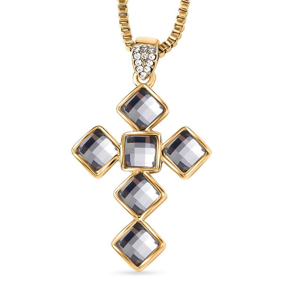 Grey & White Austrian Crystal Cross Necklace in Yellow Gold Tone  (Size - 24)