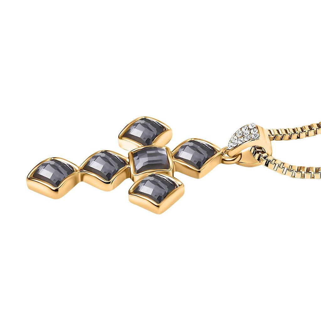 Grey & White Austrian Crystal Cross Necklace in Yellow Gold Tone  (Size - 24)