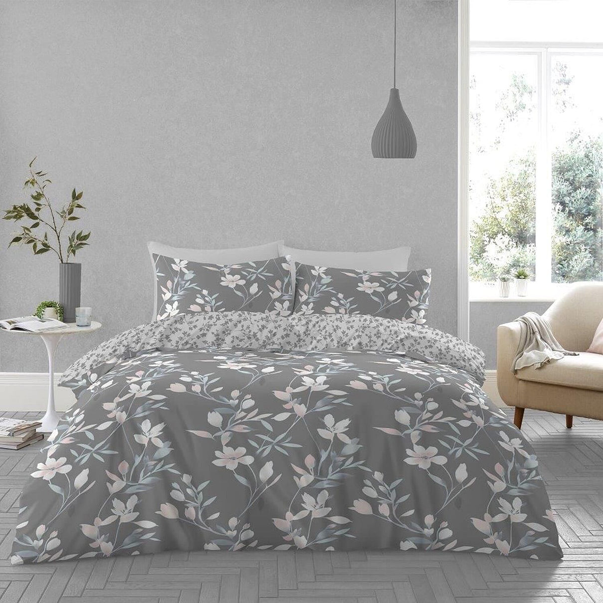 Grey Floral Affair Reversible Set of 4 Duvet Cover, 2 Pillowcase and Fitted Sheet - Single 8231803 0