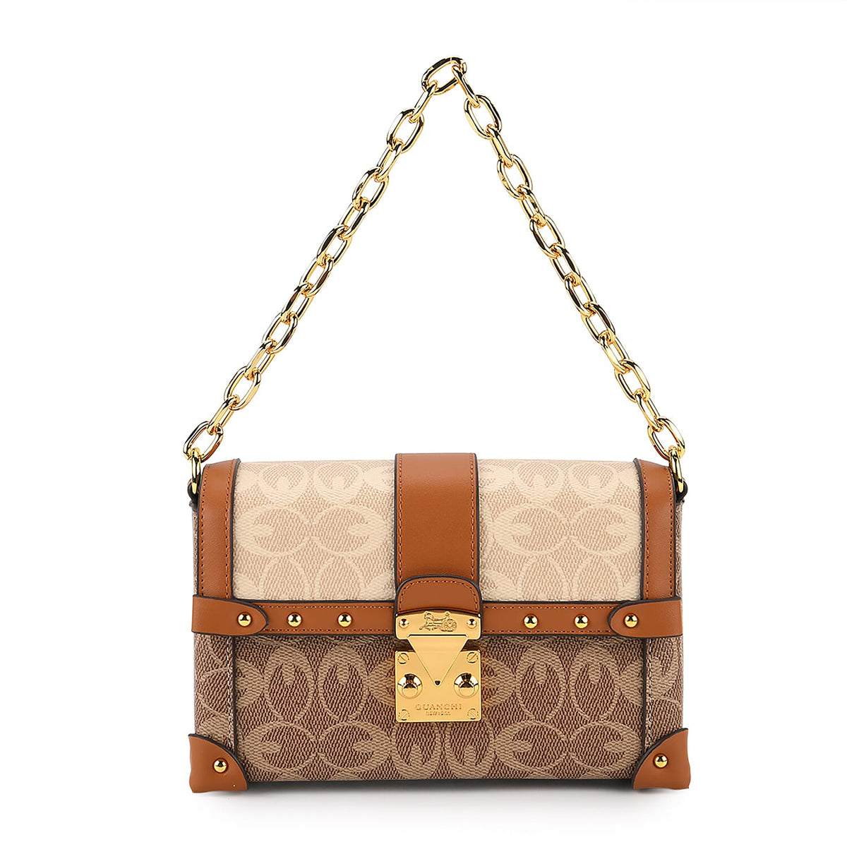 Guanchi Mini Trunk Crossbody Bag with Gold Chain Strap - Brown &amp; Beige 8231272 0