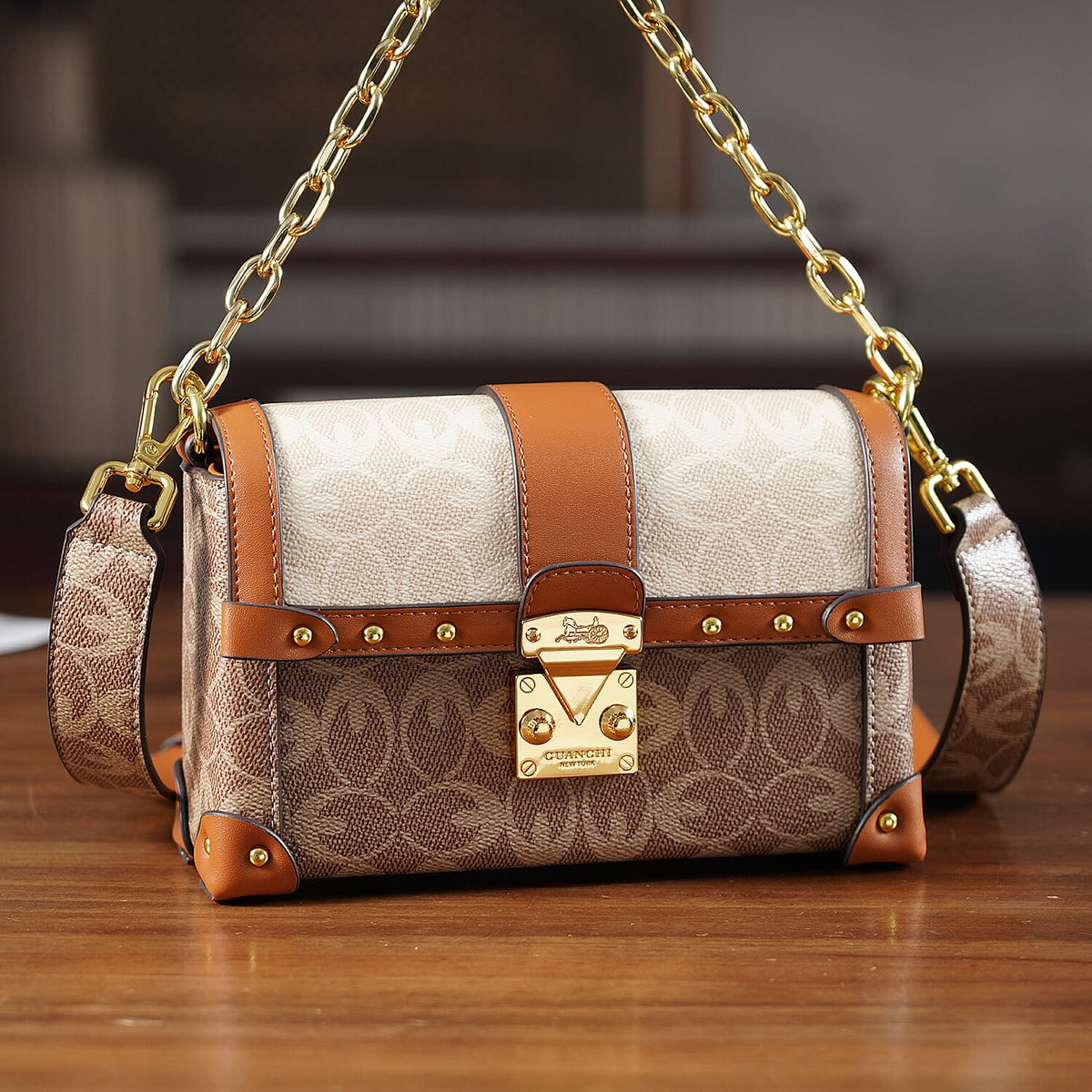 Guanchi Mini Trunk Crossbody Bag with Gold Chain Strap - Brown &amp; Beige 8231272 2