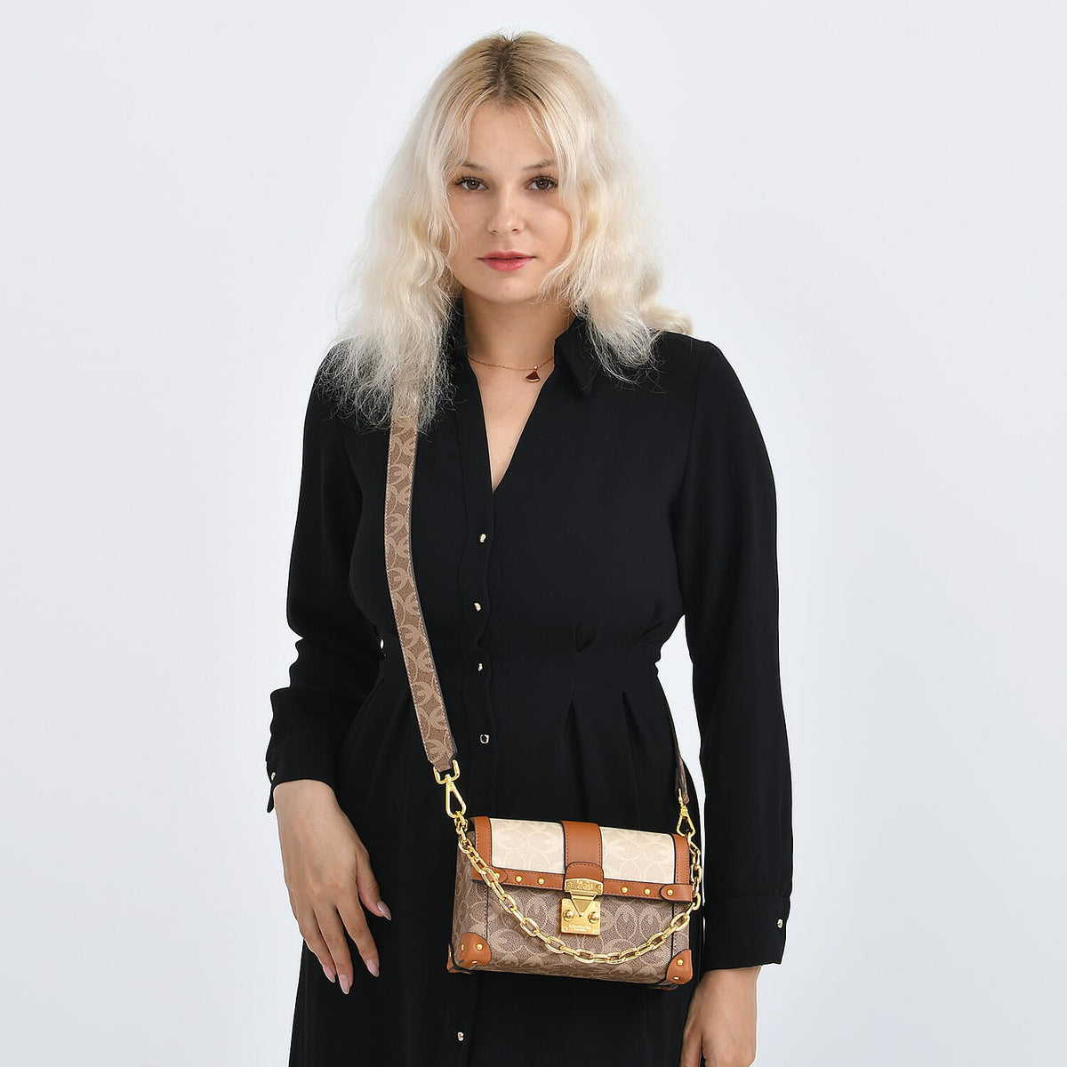 Guanchi Mini Trunk Crossbody Bag with Gold Chain Strap - Brown &amp; Beige 8231272 3