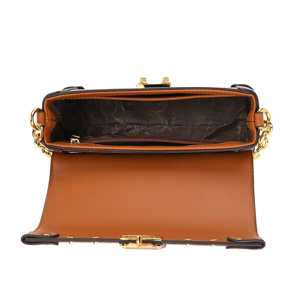 Guanchi Mini Trunk Crossbody Bag with Gold Chain Strap - Brown & Beige