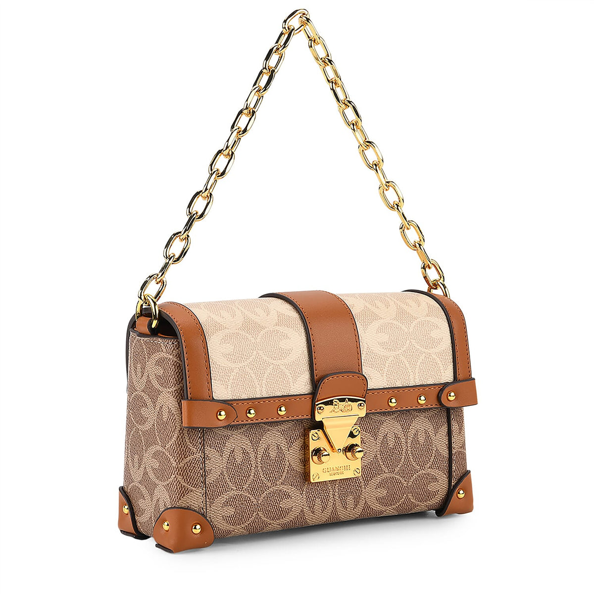 Guanchi Mini Trunk Crossbody Bag with Gold Chain Strap - Brown &amp; Beige 8231272 7