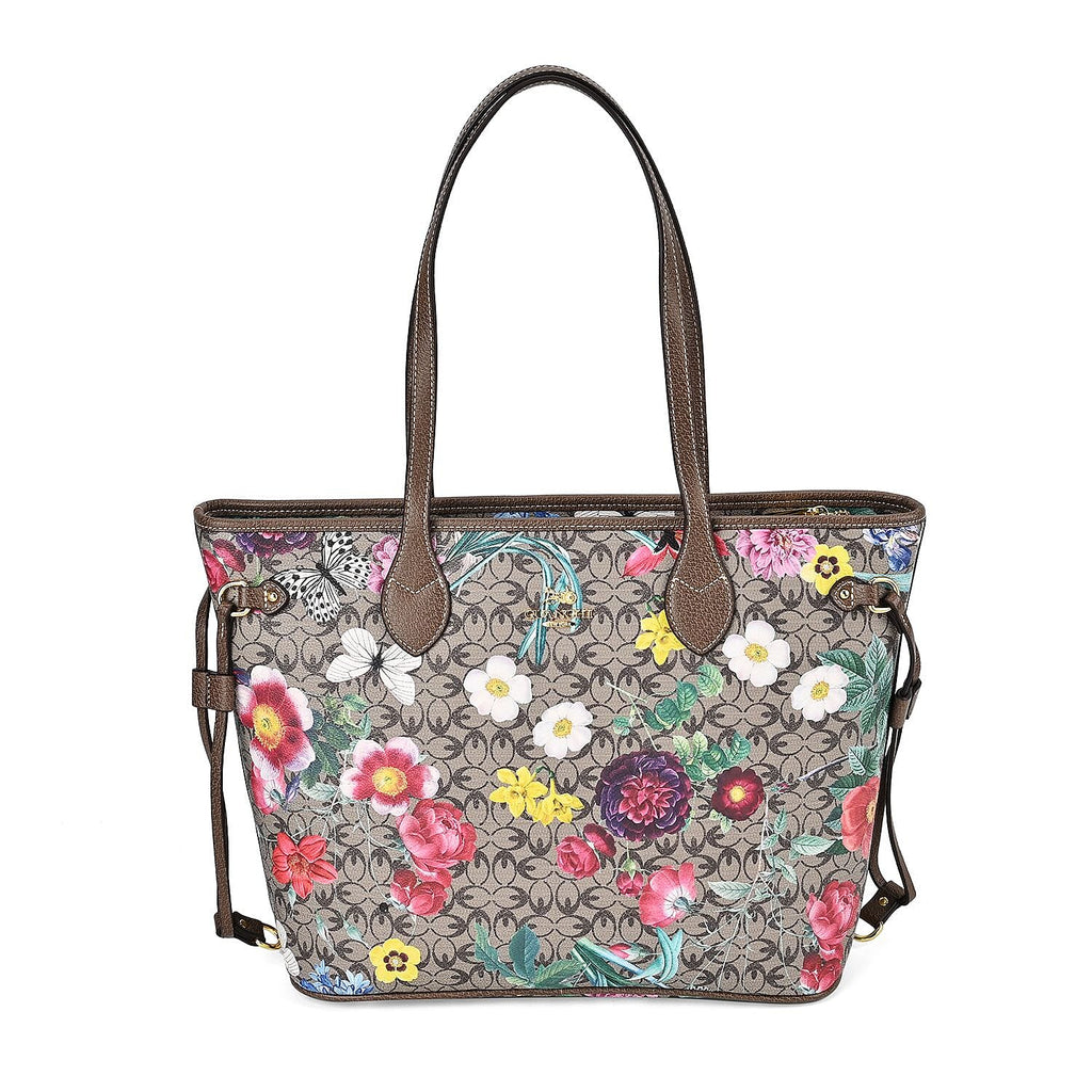 Guanchi Floral Print Tote Bag with Exterior Zipped Pocket - Light Coffee