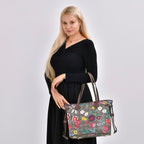 Guanchi Floral Print Tote Bag with Exterior Zipped Pocket - Light Coffee