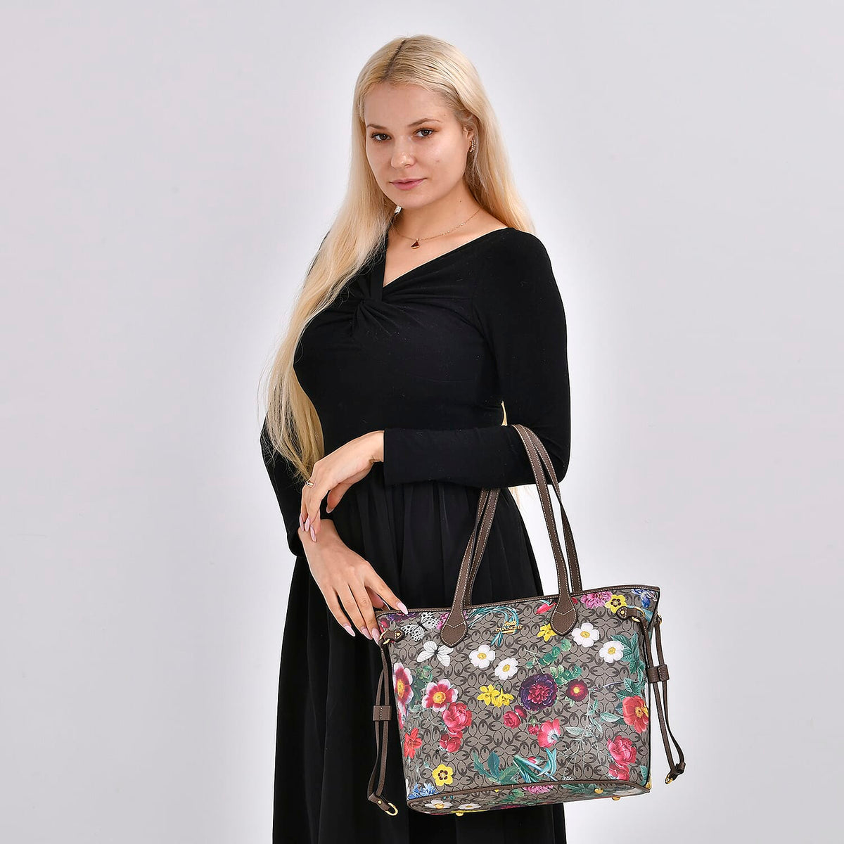 Guanchi Floral Print Tote Bag with Exterior Zipped Pocket - Light Coffee 7671306 1