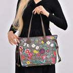 Guanchi Floral Print Tote Bag with Exterior Zipped Pocket - Light Coffee