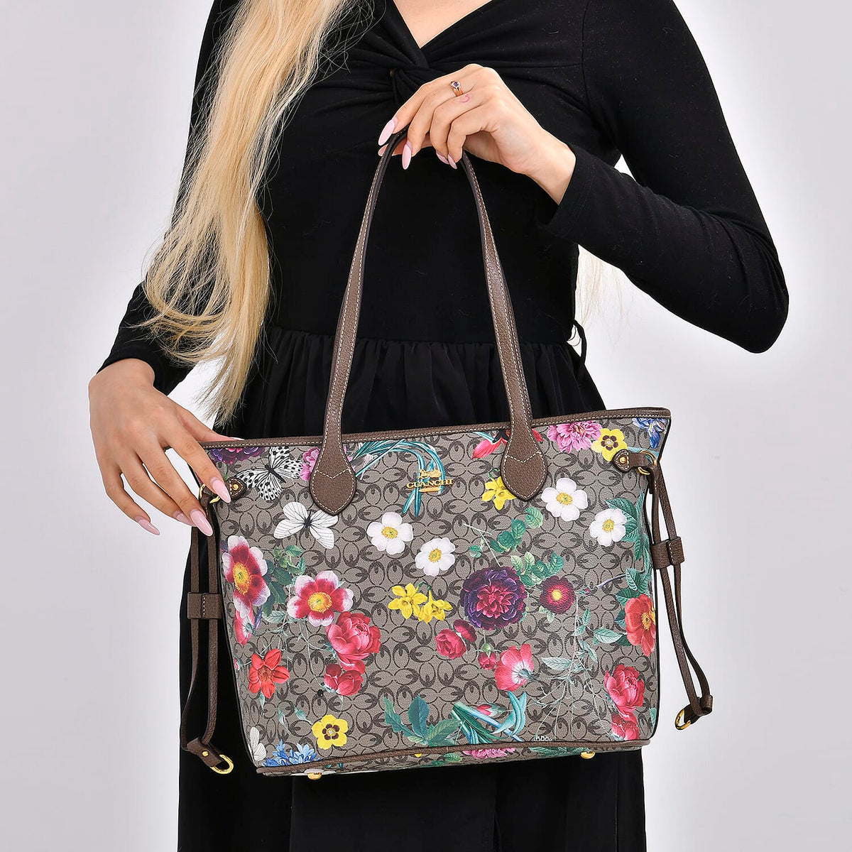 Guanchi Floral Print Tote Bag with Exterior Zipped Pocket - Light Coffee 7671306 2
