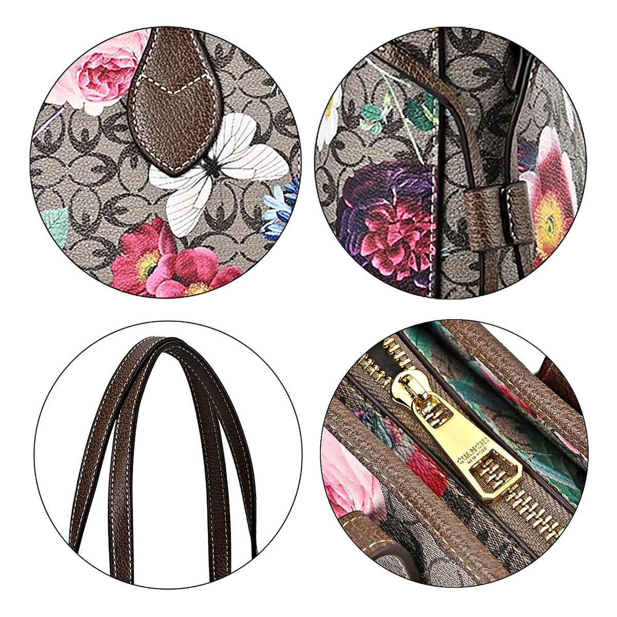 Guanchi Floral Print Tote Bag with Exterior Zipped Pocket - Light Coffee 7671306 5