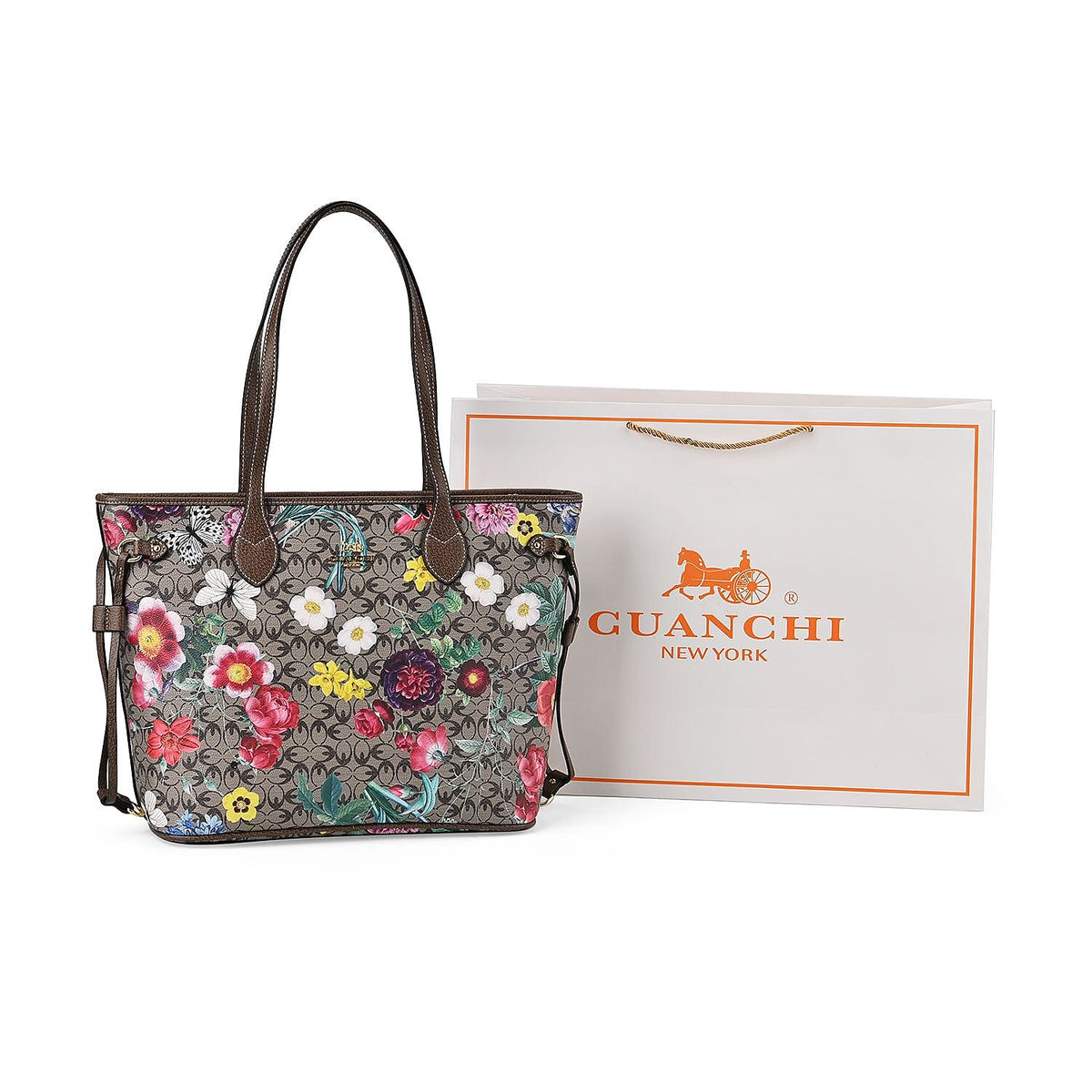 Guanchi Floral Print Tote Bag with Exterior Zipped Pocket - Light Coffee 7671306 6