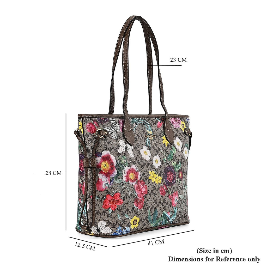 Guanchi Floral Print Tote Bag with Exterior Zipped Pocket - Light Coffee