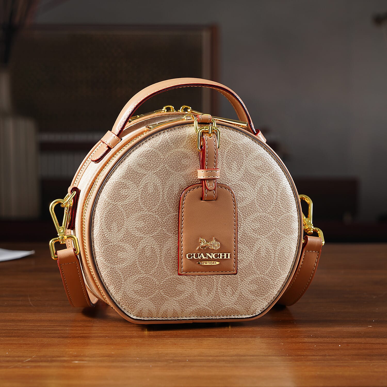 Guanchi Round Crossbody Bag with Top Handle - Ivory &amp; Brown 8231265 1