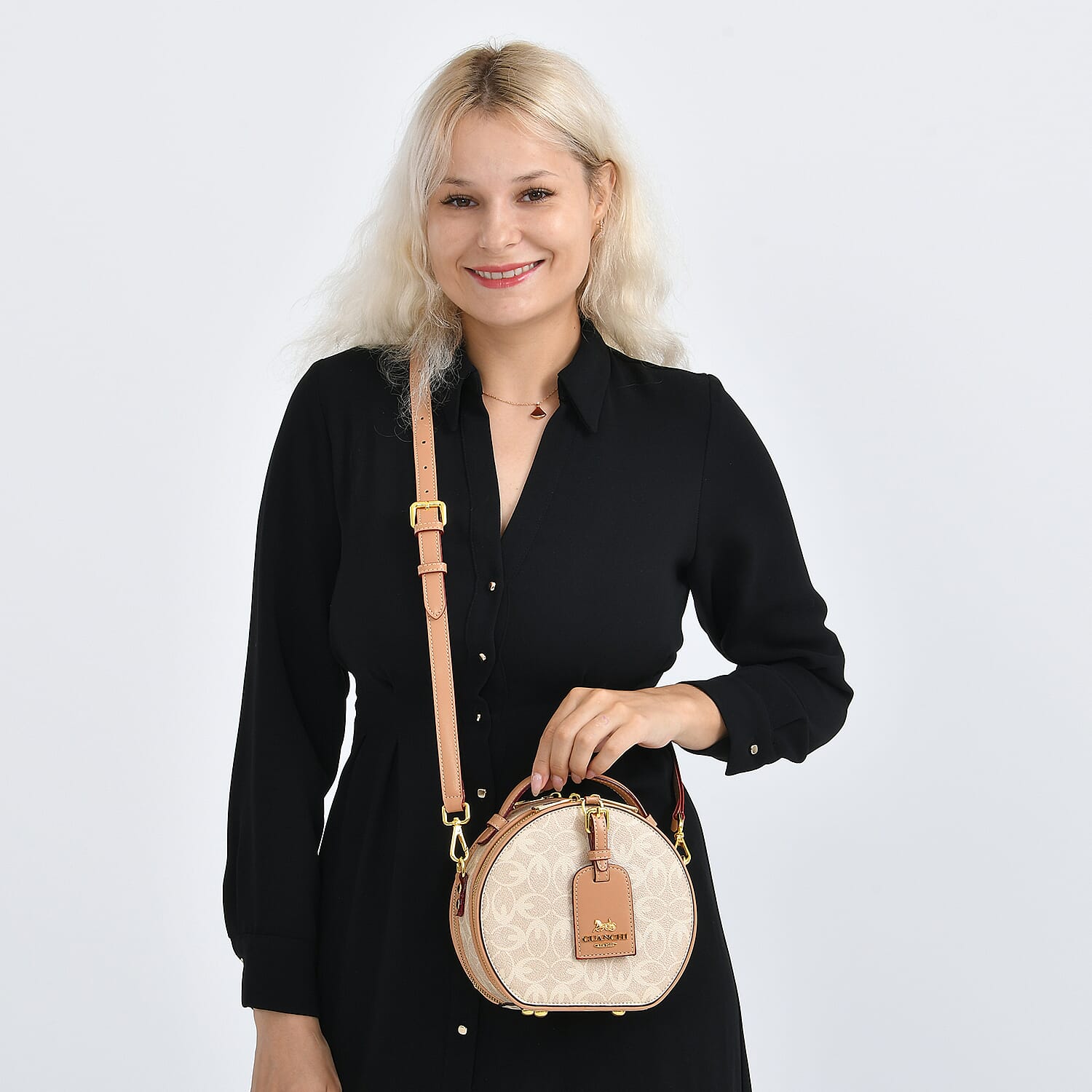 Guanchi Round Crossbody Bag with Top Handle - Ivory &amp; Brown 8231265 2