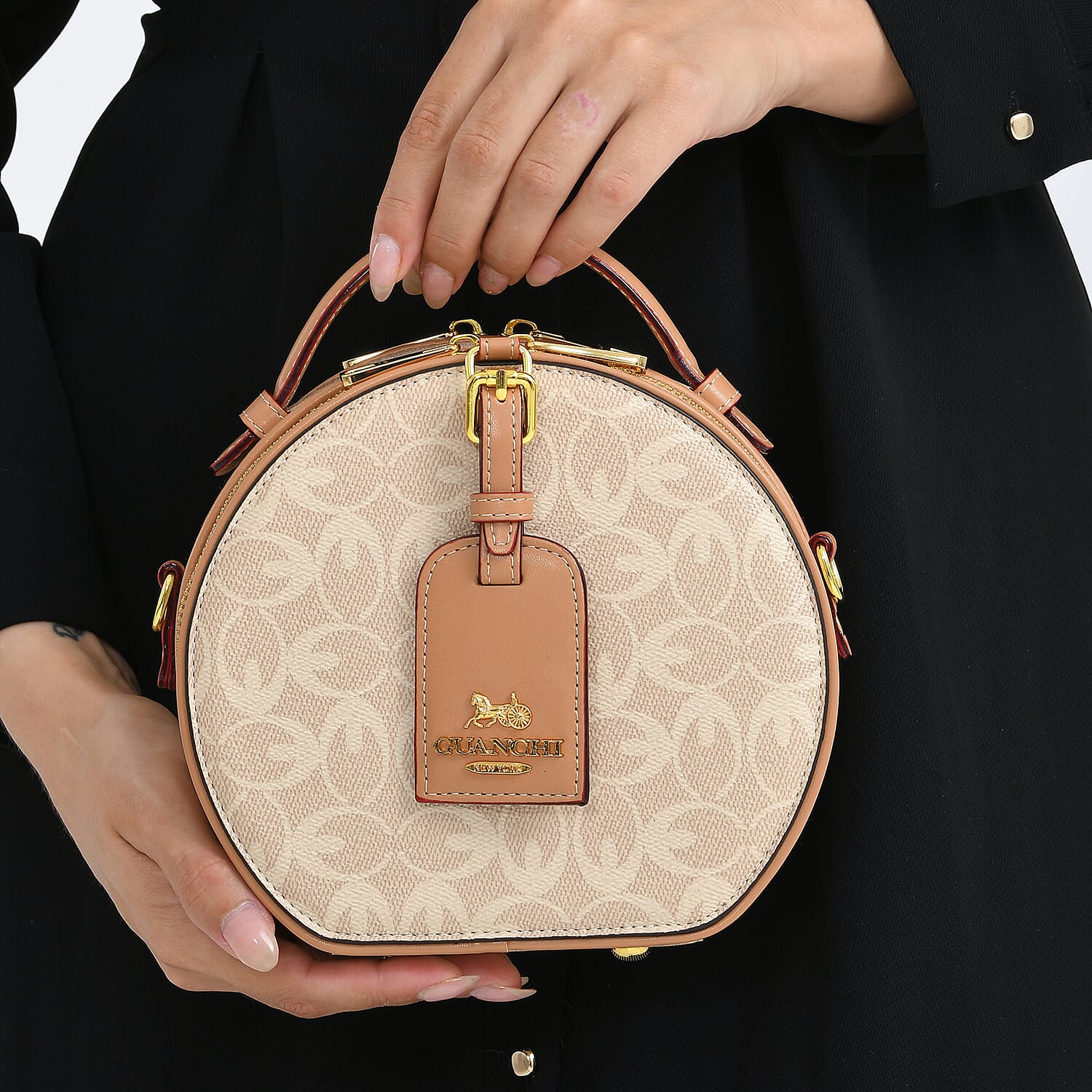 Guanchi Round Crossbody Bag with Top Handle - Ivory &amp; Brown 8231265 3