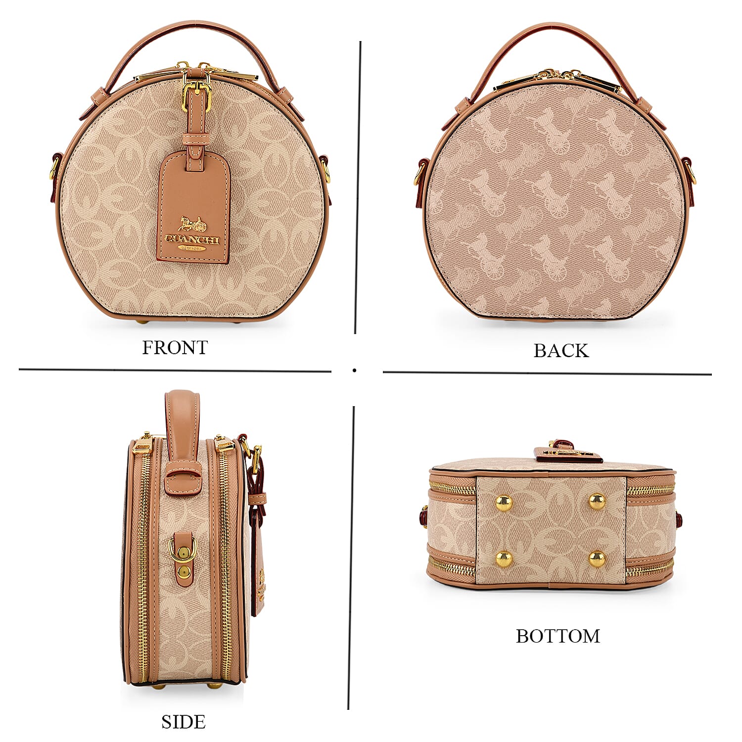 Guanchi Round Crossbody Bag with Top Handle - Ivory &amp; Brown 8231265 4