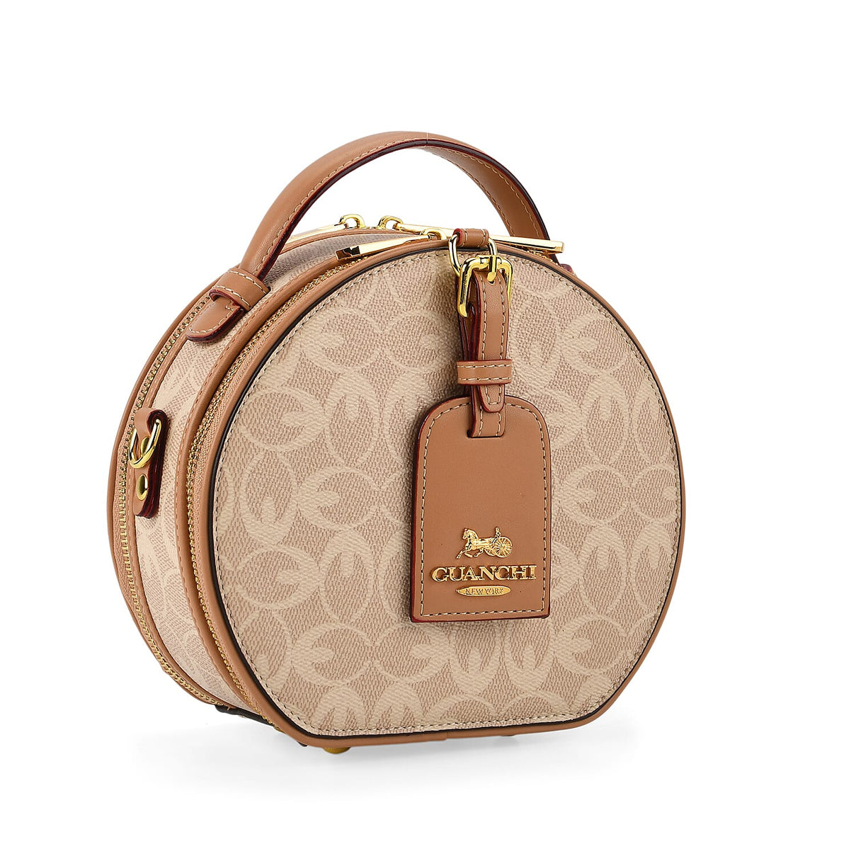 Guanchi Round Crossbody Bag with Top Handle - Ivory &amp; Brown 8231265 6