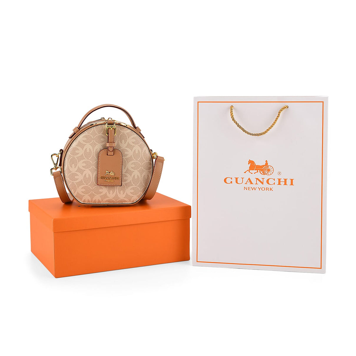 Guanchi Round Crossbody Bag with Top Handle - Ivory &amp; Brown 8231265 7