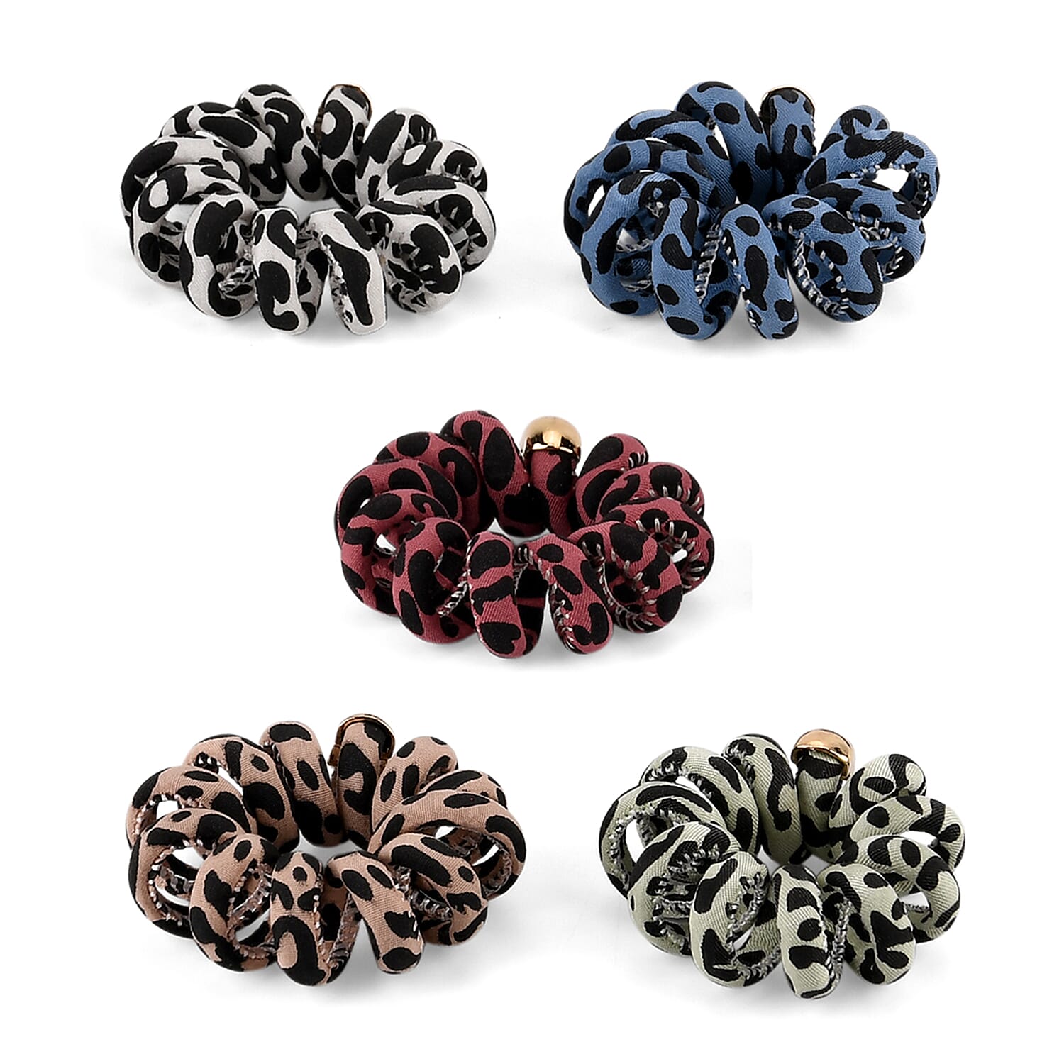 5-Pack Plaid Spiral Printed Hair Ties - Multi Colour - Animal 8413723 4