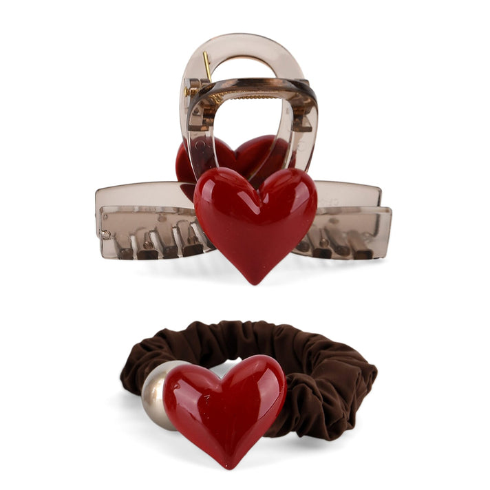 2-Piece Hair Tie Set - Red Heart Hair Claw &amp; Pearl Accent Scrunchie - Brown 8413772 1