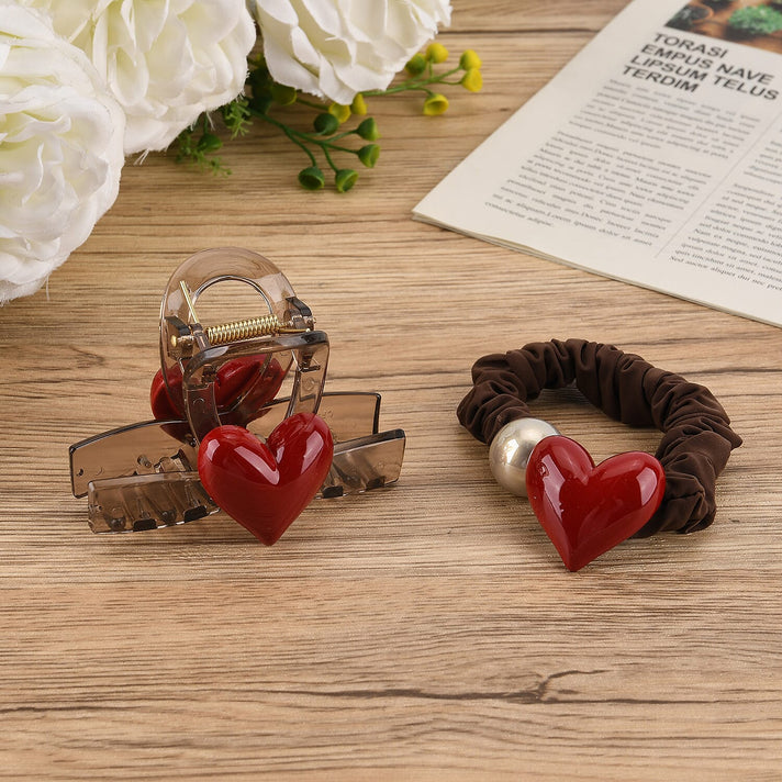 2-Piece Hair Tie Set - Red Heart Hair Claw &amp; Pearl Accent Scrunchie - Brown 8413772 2
