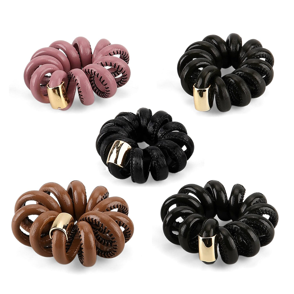 5-Pack Plaid Spiral Printed Hair Ties - Pink, Coffee, Dark Green, Olive and Black - Leatherette 8413759 0