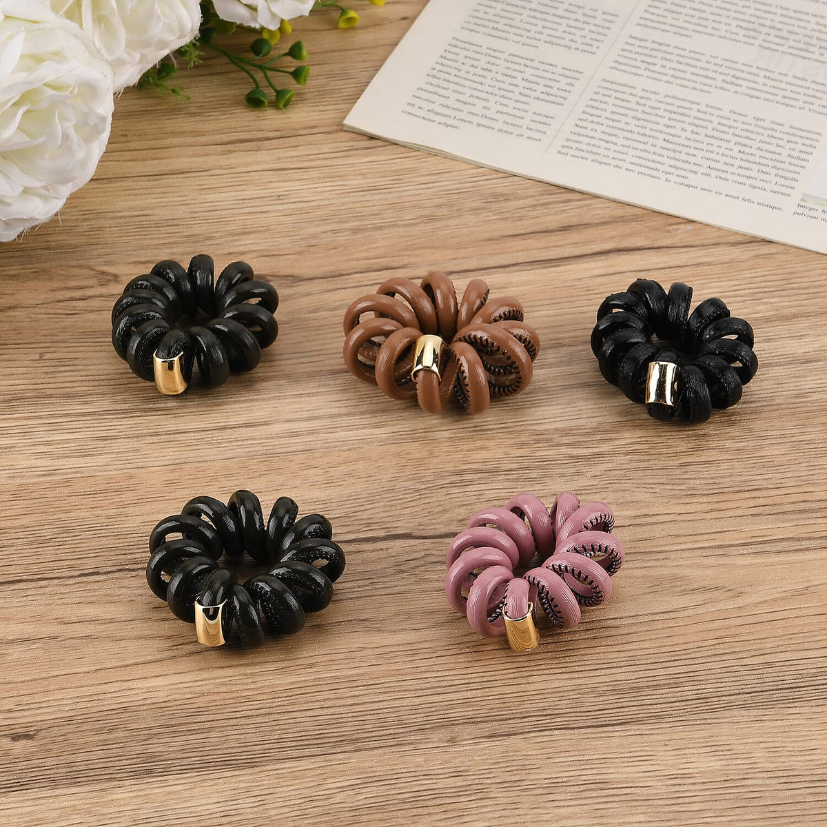 5-Pack Plaid Spiral Printed Hair Ties - Pink, Coffee, Dark Green, Olive and Black - Leatherette 8413759 2