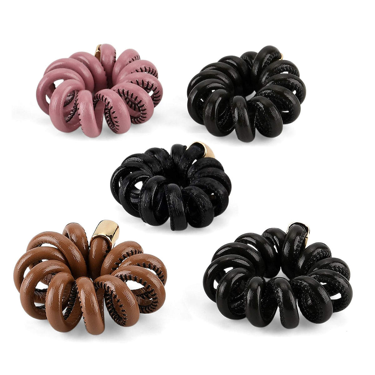 5-Pack Plaid Spiral Printed Hair Ties - Pink, Coffee, Dark Green, Olive and Black - Leatherette 8413759 4